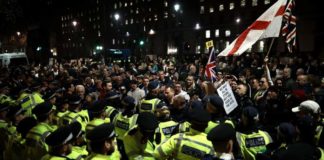 Brexit march: five arrests as Leave supporters clash with police in Westminster on day UK was scheduled to exit the EU